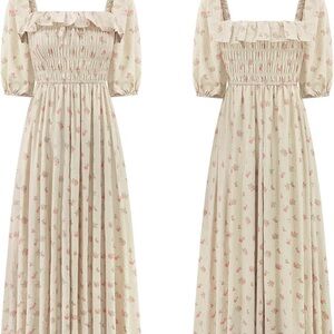 Cream Maxi Sundress with Smocked Bodice and Puff Sleeves